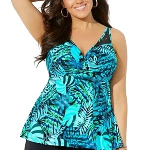 SWIMSUITS FOR ALL 44DD Blue Leaf Print Swim Tankini NWT